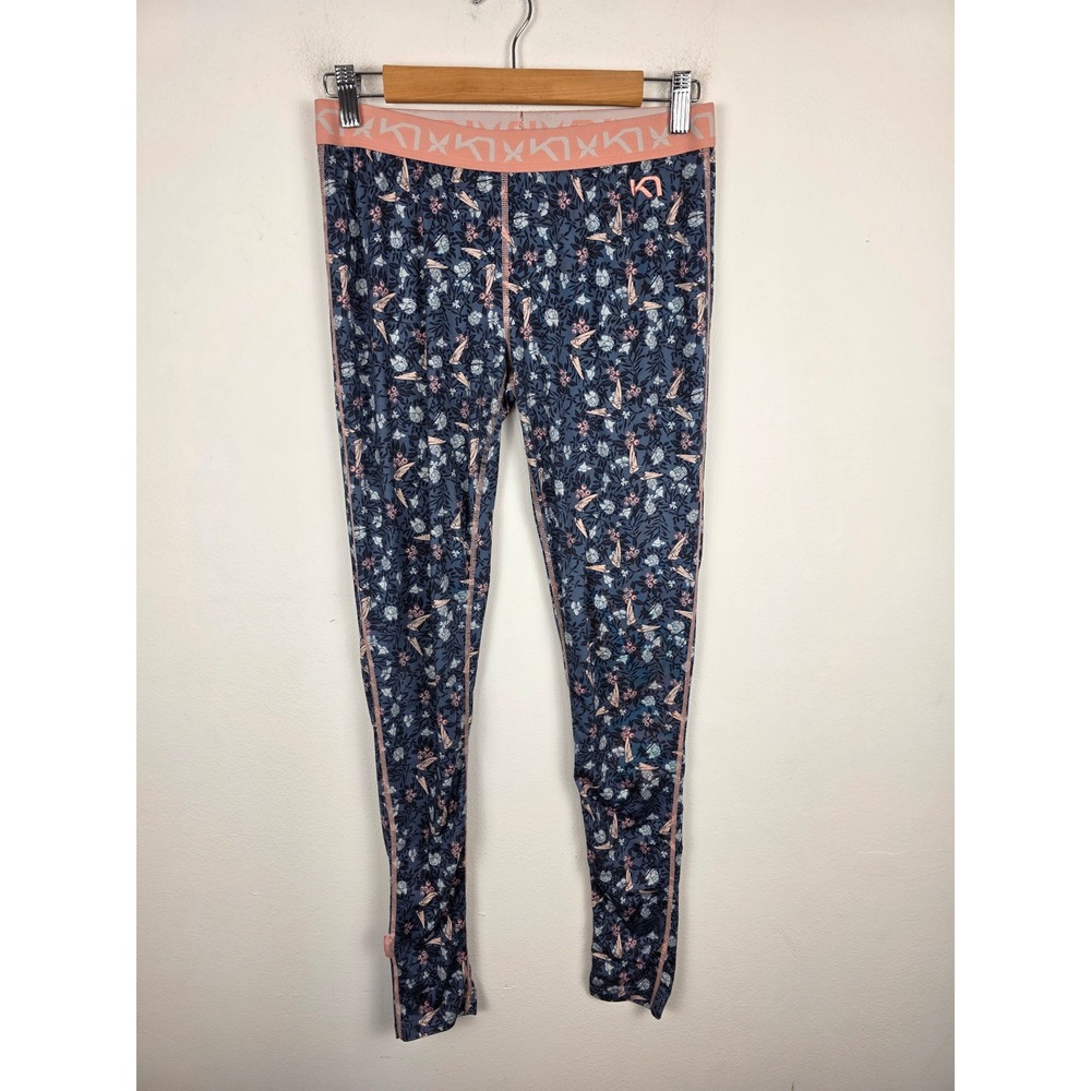 Kari Traa Womens Floral Base Layer Leggings Blue Pink Logo Waistband Large